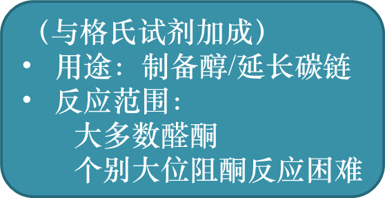 

（与格氏试剂加成）
用途：制备醇/延长碳链
反应范围：
大多数醛酮个别大位阻酮反应困难

